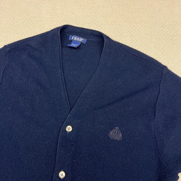 Izod Cardigan Sweater Mens Medium Navy Blue Knit Preppy Classic Golf Made in USA - Picture 3 of 6